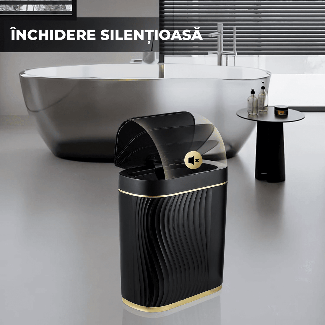 Coș de gunoi inteligent 8L, senzor infraroșu, capac automat, IPX5, negru/auriu