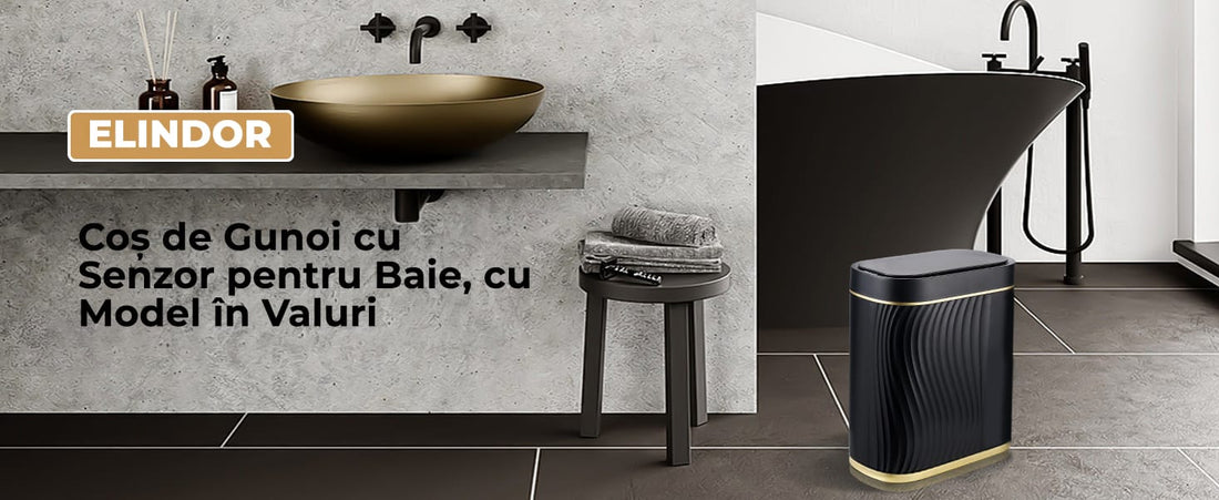 Coș de gunoi inteligent 8L, senzor infraroșu, capac automat, IPX5, negru/auriu