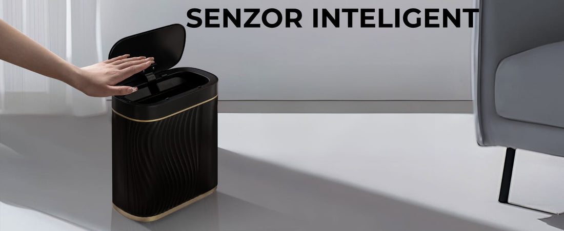 Coș de gunoi inteligent 8L, senzor infraroșu, capac automat, IPX5, negru/auriu