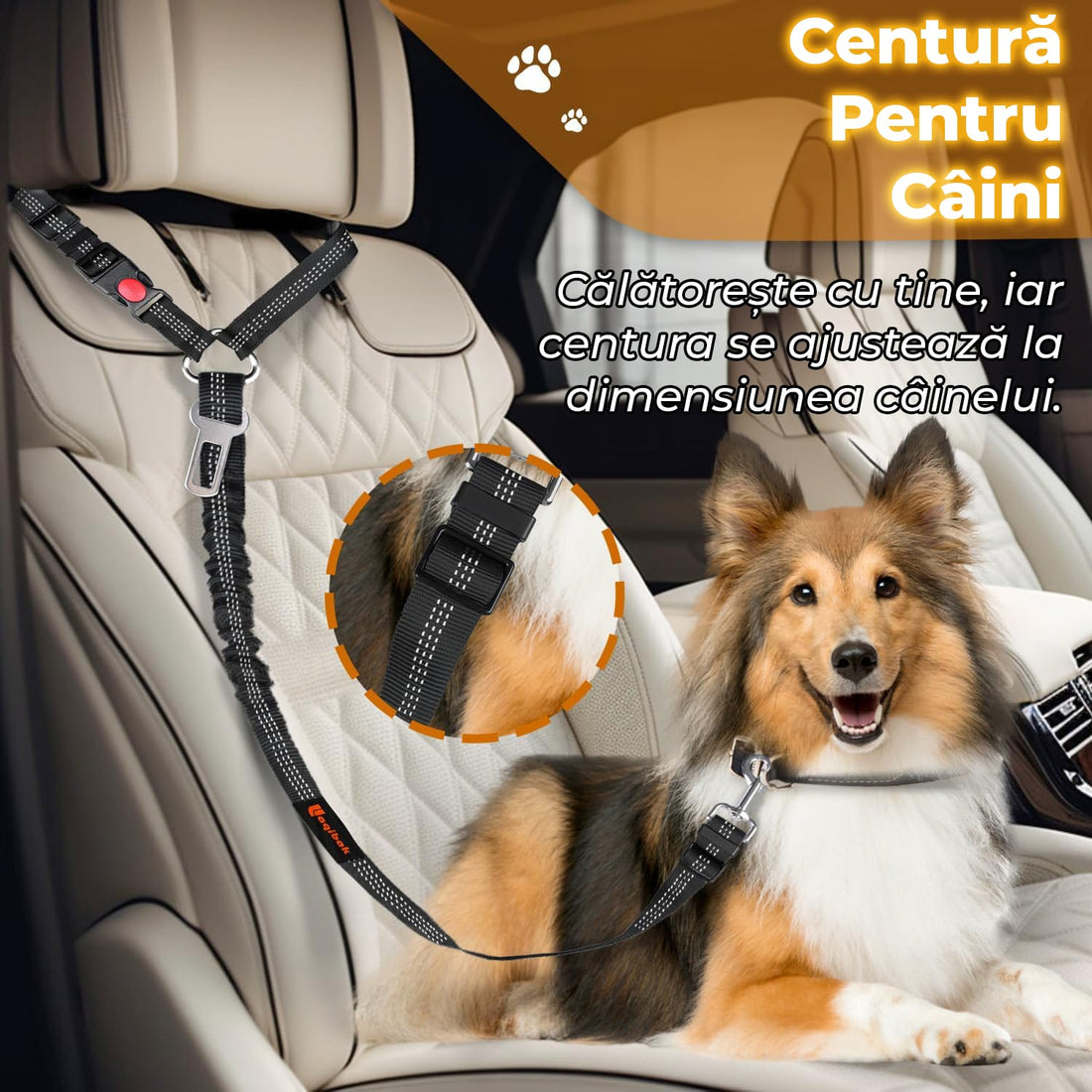 Set 2 lese câine cu centură auto, 3 în 1, reflectorizante, lungime reglabilă, negru