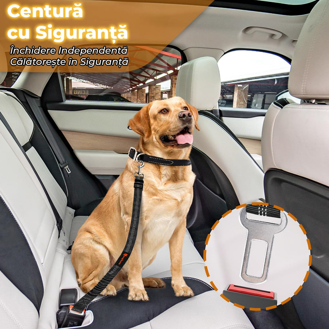 Set 2 lese câine cu centură auto, 3 în 1, reflectorizante, lungime reglabilă, negru