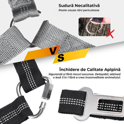 Set 2 lese câine cu centură auto, 3 în 1, reflectorizante, lungime reglabilă, negru