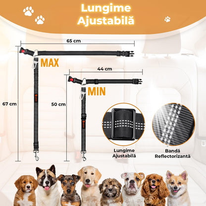 Set 2 lese câine cu centură auto, 3 în 1, reflectorizante, lungime reglabilă, negru