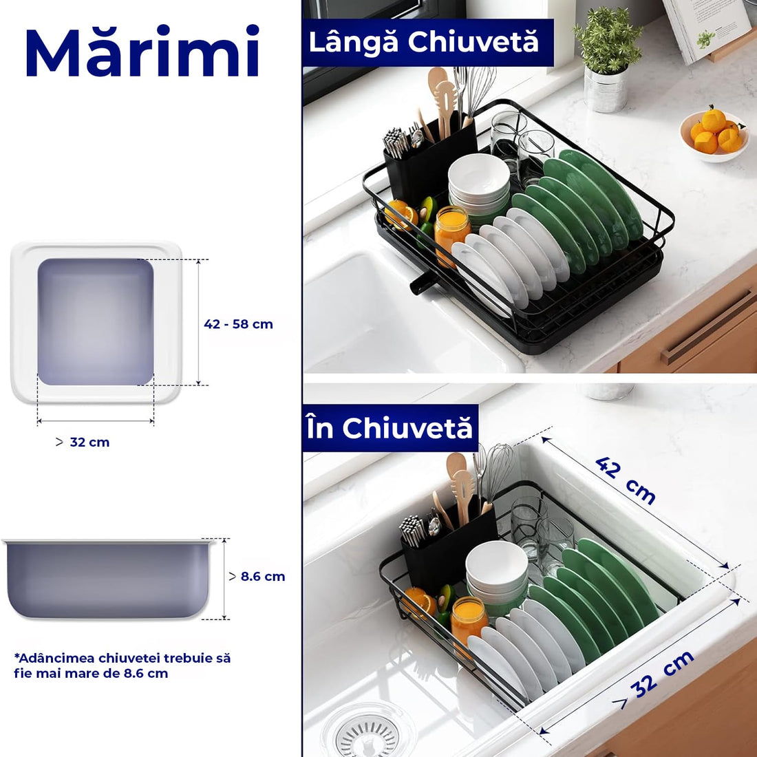 Scurgator Vase cu Suport de Scurgere Automata, Montaj in Chiuveta sau pe Blat, Pentru Farfurii, Tacamuri, Pahare, Cani, Dimensiuni 38x29x12 cm, din Inox 304, Negru
