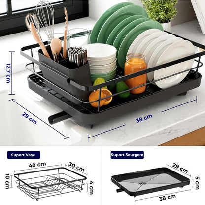 Scurgator Vase cu Suport de Scurgere Automata, Montaj in Chiuveta sau pe Blat, Pentru Farfurii, Tacamuri, Pahare, Cani, Dimensiuni 38x29x12 cm, din Inox 304, Negru
