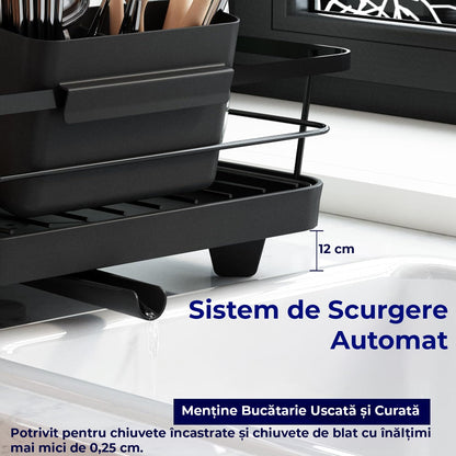 Scurgator Vase cu Suport de Scurgere Automata, Montaj in Chiuveta sau pe Blat, Pentru Farfurii, Tacamuri, Pahare, Cani, Dimensiuni 38x29x12 cm, din Inox 304, Negru