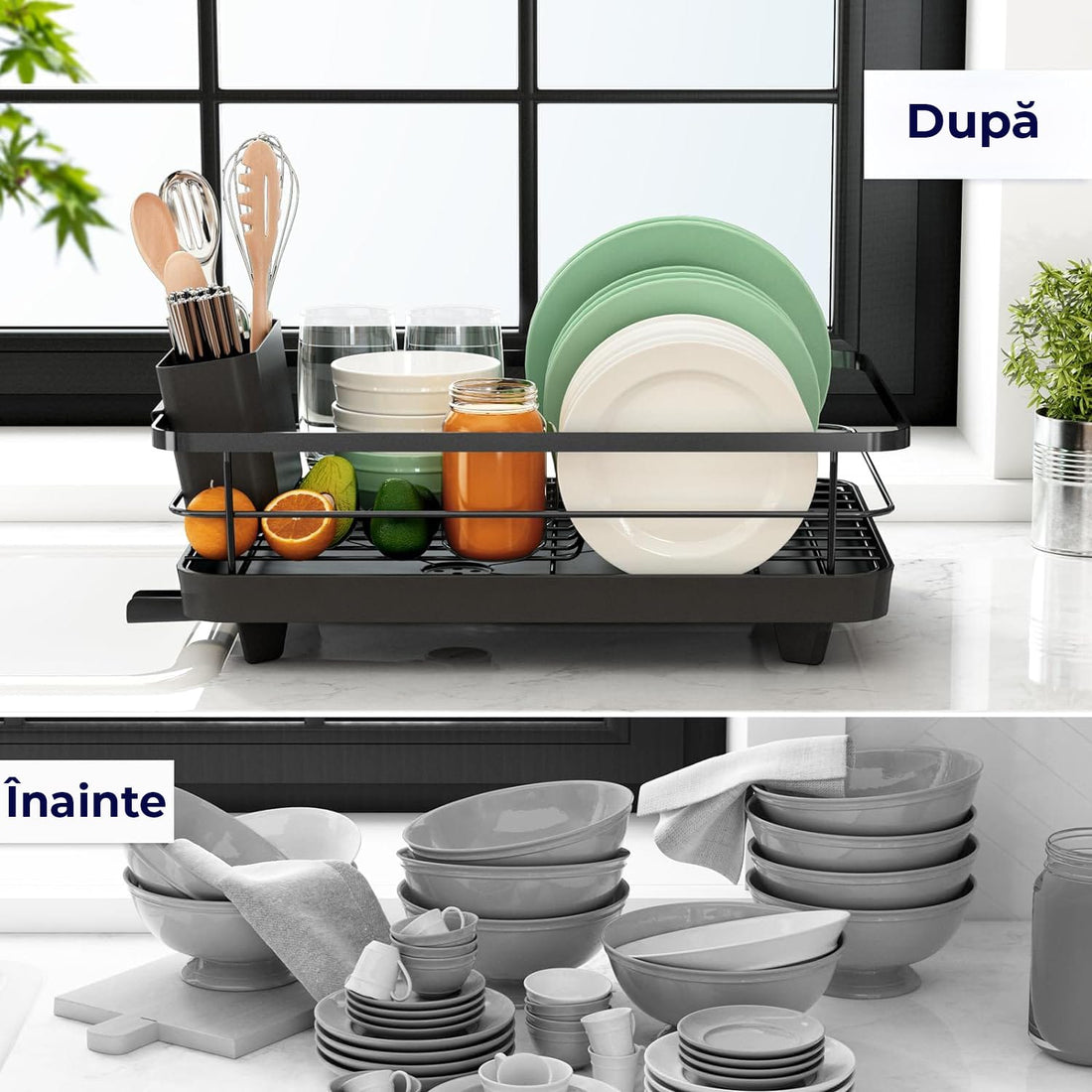 Scurgator Vase cu Suport de Scurgere Automata, Montaj in Chiuveta sau pe Blat, Pentru Farfurii, Tacamuri, Pahare, Cani, Dimensiuni 38x29x12 cm, din Inox 304, Negru