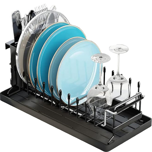 Scurgator Vase Extensibil cu Suport de Scurgere din Silicon, Potrivit pentru Spatii Minimaliste, Maxim 10 Vase, cu Suport pentru Pahare si Tacamuri, Potrivit pentru Chiuvete de 35-48 cm, Negru