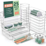 Organizator Sertar, 25 Piese, Set, 4 Marimi Diferite Pentru Depozitare Cosmetice, Bijuterii, Ustensile Bucatarie sau Oficiu, Piese Antialunecare, Diferite Configuratii, Transparent