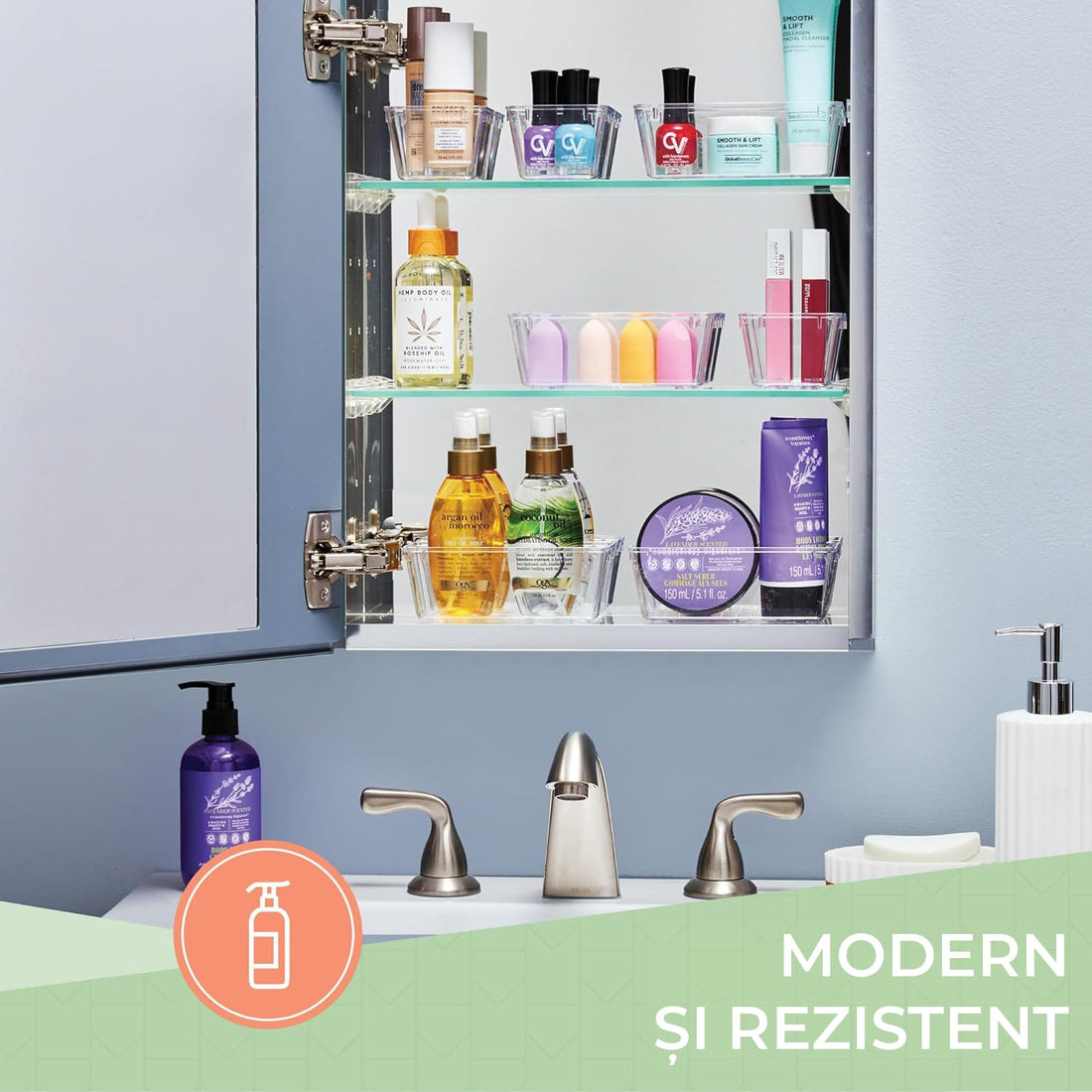 Organizator Sertar, 25 Piese, Set, 4 Marimi Diferite Pentru Depozitare Cosmetice, Bijuterii, Ustensile Bucatarie sau Oficiu, Piese Antialunecare, Diferite Configuratii, Transparent