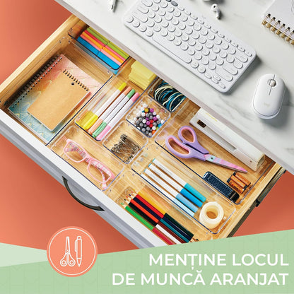 Organizator Sertar, 25 Piese, Set, 4 Marimi Diferite Pentru Depozitare Cosmetice, Bijuterii, Ustensile Bucatarie sau Oficiu, Piese Antialunecare, Diferite Configuratii, Transparent