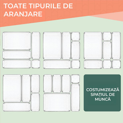 Organizator Sertar, 25 Piese, Set, 4 Marimi Diferite Pentru Depozitare Cosmetice, Bijuterii, Ustensile Bucatarie sau Oficiu, Piese Antialunecare, Diferite Configuratii, Transparent