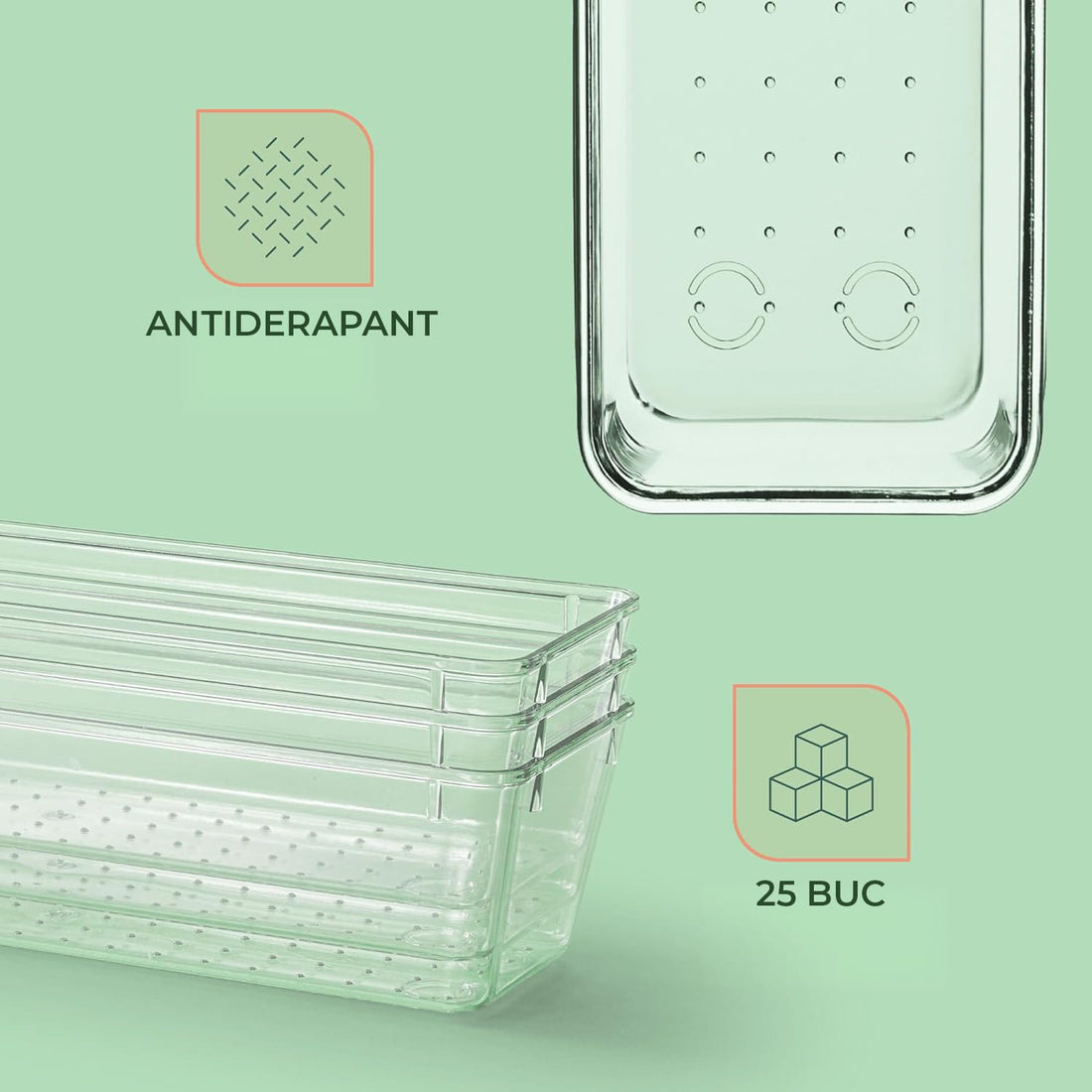 Organizator Sertar, 25 Piese, Set, 4 Marimi Diferite Pentru Depozitare Cosmetice, Bijuterii, Ustensile Bucatarie sau Oficiu, Piese Antialunecare, Diferite Configuratii, Transparent