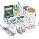 Organizator Sertar, 25 Piese, Set, 4 Marimi Diferite Pentru Depozitare Cosmetice, Bijuterii, Ustensile Bucatarie sau Oficiu, Piese Antialunecare, Diferite Configuratii, Transparent
