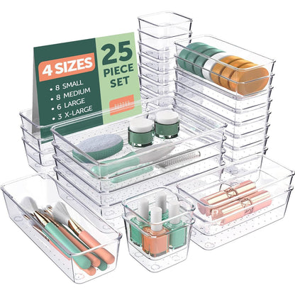 Organizator Sertar, 25 Piese, Set, 4 Marimi Diferite Pentru Depozitare Cosmetice, Bijuterii, Ustensile Bucatarie sau Oficiu, Piese Antialunecare, Diferite Configuratii, Transparent