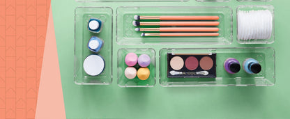 Organizator Sertar, 25 Piese, Set, 4 Marimi Diferite Pentru Depozitare Cosmetice, Bijuterii, Ustensile Bucatarie sau Oficiu, Piese Antialunecare, Diferite Configuratii, Transparent