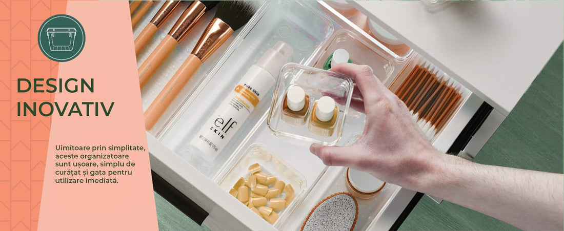 Organizator Sertar, 25 Piese, Set, 4 Marimi Diferite Pentru Depozitare Cosmetice, Bijuterii, Ustensile Bucatarie sau Oficiu, Piese Antialunecare, Diferite Configuratii, Transparent