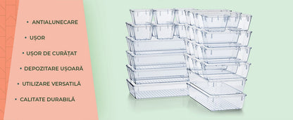 Organizator Sertar, 25 Piese, Set, 4 Marimi Diferite Pentru Depozitare Cosmetice, Bijuterii, Ustensile Bucatarie sau Oficiu, Piese Antialunecare, Diferite Configuratii, Transparent