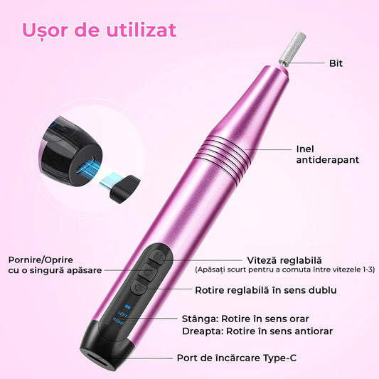 Freza Unghii Profesionala, Pila Electrica Pentru Manichiura-Pedichiura, 15.000 RPM, 6 Capete Pentru Pila, 36 Benzi Abrazive, Viteza si Directie reglabile, Ecran LCD, Design Ergonomic, Mov
