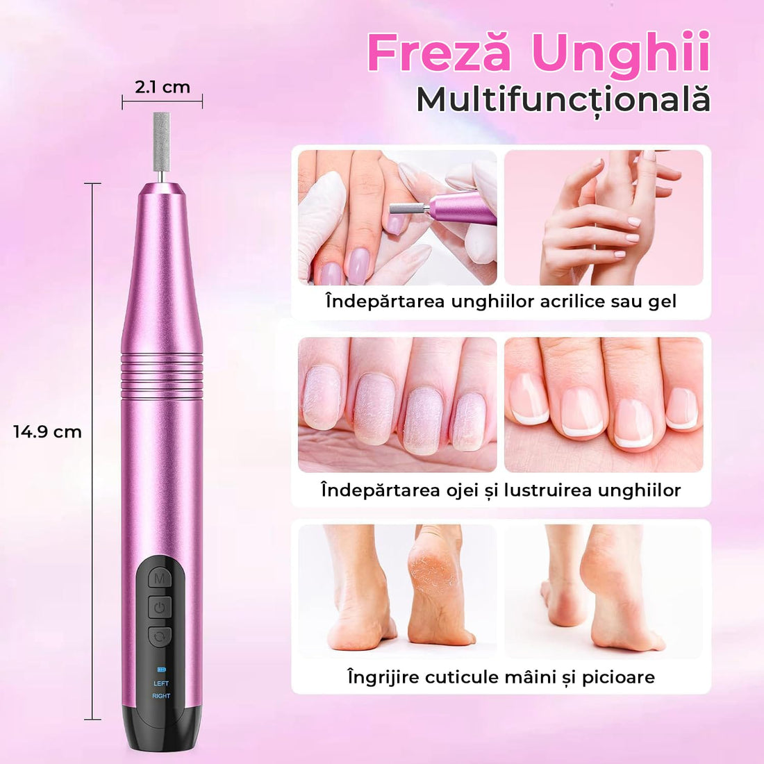 Freza Unghii Profesionala, Pila Electrica Pentru Manichiura-Pedichiura, 15.000 RPM, 6 Capete Pentru Pila, 36 Benzi Abrazive, Viteza si Directie reglabile, Ecran LCD, Design Ergonomic, Mov