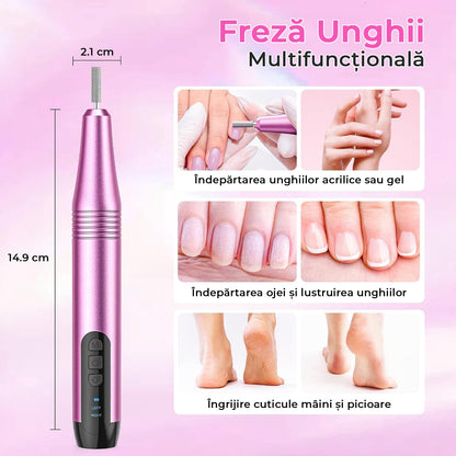 Freza Unghii Profesionala, Pila Electrica Pentru Manichiura-Pedichiura, 15.000 RPM, 6 Capete Pentru Pila, 36 Benzi Abrazive, Viteza si Directie reglabile, Ecran LCD, Design Ergonomic, Mov