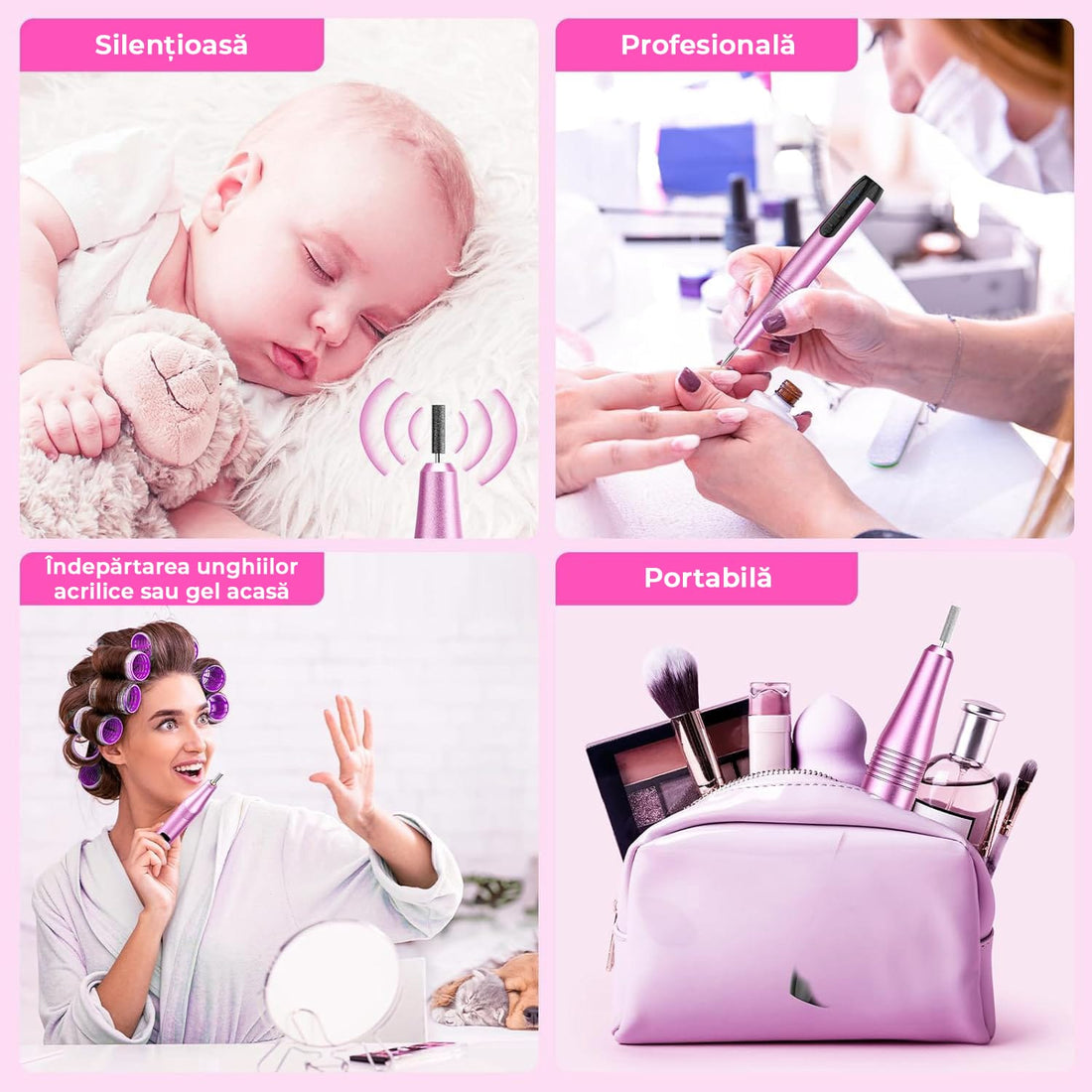 Freza Unghii Profesionala, Pila Electrica Pentru Manichiura-Pedichiura, 15.000 RPM, 6 Capete Pentru Pila, 36 Benzi Abrazive, Viteza si Directie reglabile, Ecran LCD, Design Ergonomic, Mov
