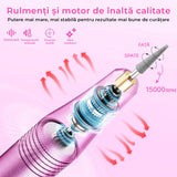 Freza Unghii Profesionala, Pila Electrica Pentru Manichiura-Pedichiura, 15.000 RPM, 6 Capete Pentru Pila, 36 Benzi Abrazive, Viteza si Directie reglabile, Ecran LCD, Design Ergonomic, Mov