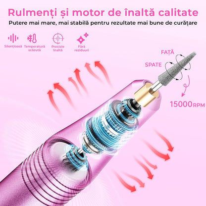 Freza Unghii Profesionala, Pila Electrica Pentru Manichiura-Pedichiura, 15.000 RPM, 6 Capete Pentru Pila, 36 Benzi Abrazive, Viteza si Directie reglabile, Ecran LCD, Design Ergonomic, Mov