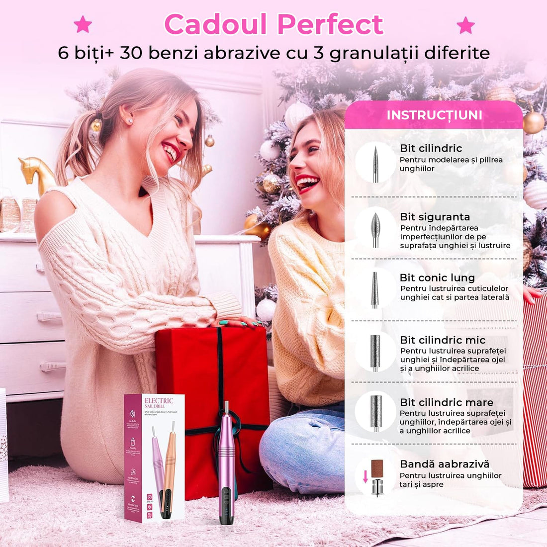 Freza Unghii Profesionala, Pila Electrica Pentru Manichiura-Pedichiura, 15.000 RPM, 6 Capete Pentru Pila, 36 Benzi Abrazive, Viteza si Directie reglabile, Ecran LCD, Design Ergonomic, Mov