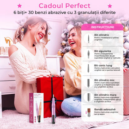 Freza Unghii Profesionala, Pila Electrica Pentru Manichiura-Pedichiura, 15.000 RPM, 6 Capete Pentru Pila, 36 Benzi Abrazive, Viteza si Directie reglabile, Ecran LCD, Design Ergonomic, Mov
