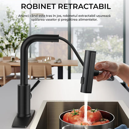 Baterie de Bucatarie Premium cu Dus Extractibil si 3 in 1 Moduri de Functionare, Pentru Chiuveta, 360 Grade, din Otel Inoxidabil Fara Plumb, Montare Rapida, Negru