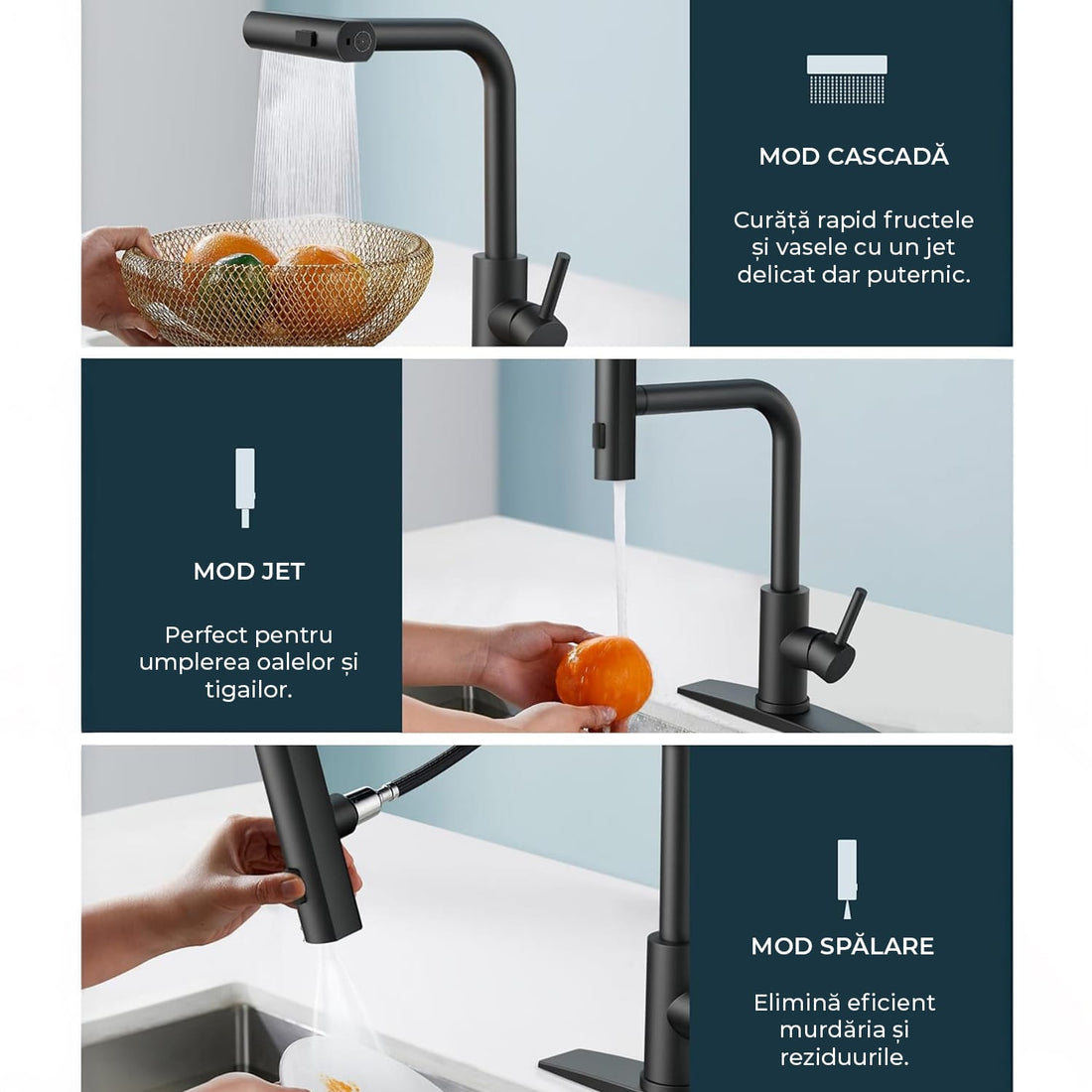 Baterie de Bucatarie Premium cu Dus Extractibil si 3 in 1 Moduri de Functionare, Pentru Chiuveta, 360 Grade, din Otel Inoxidabil Fara Plumb, Montare Rapida, Negru