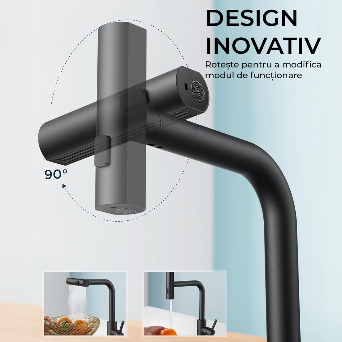 Baterie de Bucatarie Premium cu Dus Extractibil si 3 in 1 Moduri de Functionare, Pentru Chiuveta, 360 Grade, din Otel Inoxidabil Fara Plumb, Montare Rapida, Negru