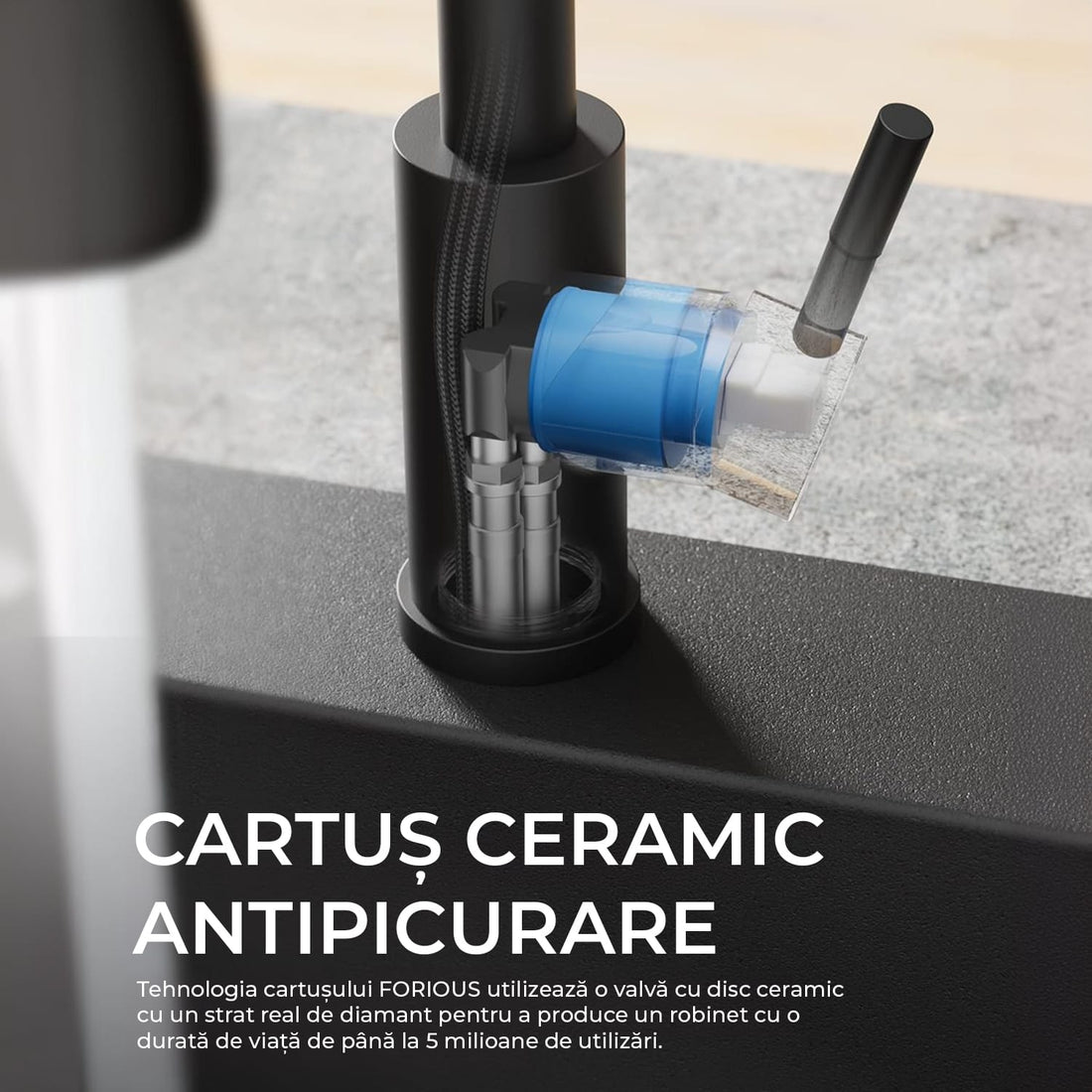 Baterie de Bucatarie Premium cu Dus Extractibil si 3 in 1 Moduri de Functionare, Pentru Chiuveta, 360 Grade, din Otel Inoxidabil Fara Plumb, Montare Rapida, Negru