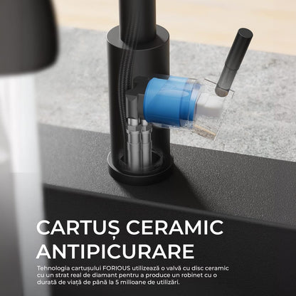 Baterie de Bucatarie Premium cu Dus Extractibil si 3 in 1 Moduri de Functionare, Pentru Chiuveta, 360 Grade, din Otel Inoxidabil Fara Plumb, Montare Rapida, Negru