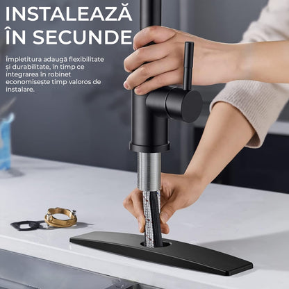 Baterie de Bucatarie Premium cu Dus Extractibil si 3 in 1 Moduri de Functionare, Pentru Chiuveta, 360 Grade, din Otel Inoxidabil Fara Plumb, Montare Rapida, Negru