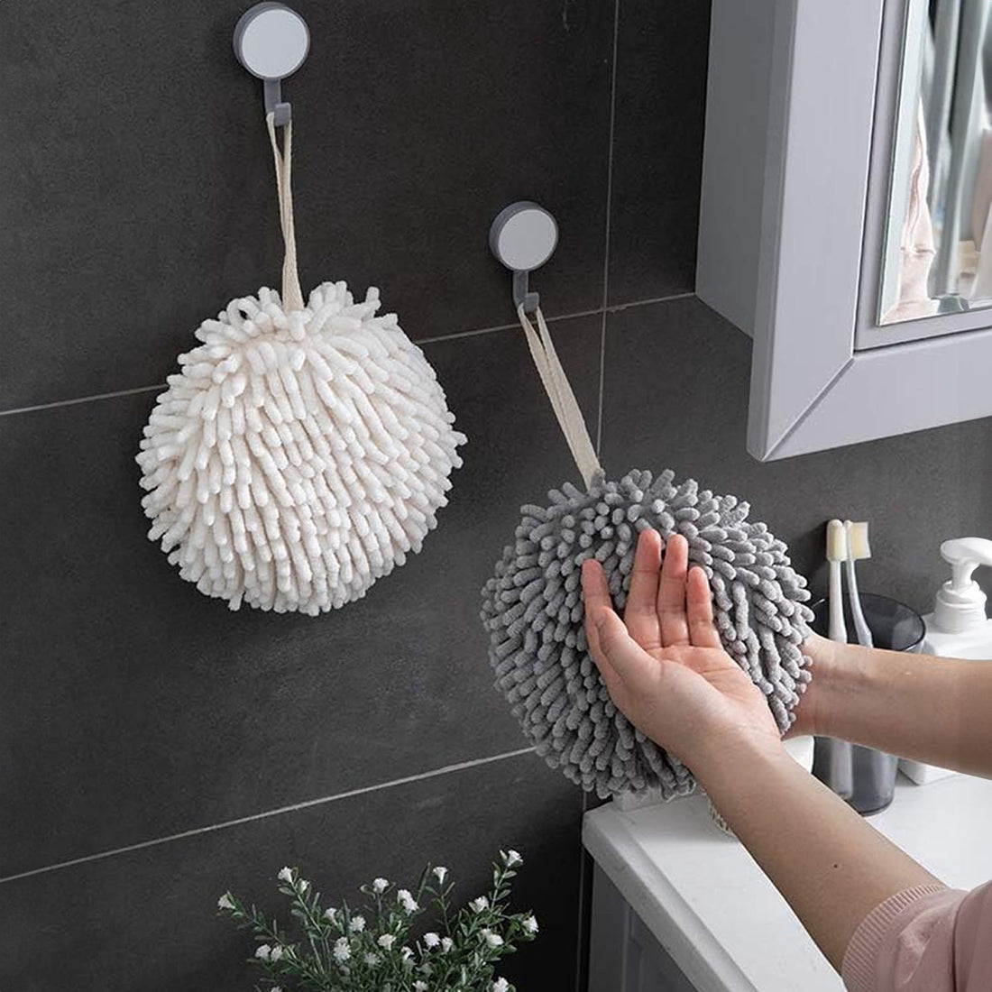 Set de 2 prosoape pufoase, uscare rapidă, ușor de curățat, versatile, pentru baie și bucătărie, Alb și Gri