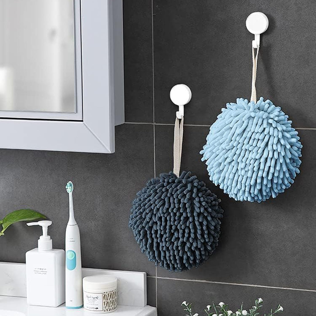 Set de 2 Prosoape Pufoase Elindor® Uscare Rapida si Convenabila pentru Maini, Suprafete si Vase, Reutilizabile si Plusate, Usor de Curatat, Versatile, pentru Baie, Bucatarie, Spa, Sala de Fitness, Scoala, Gradinita, 2 Carlige Incluse, Nuante de Albastru