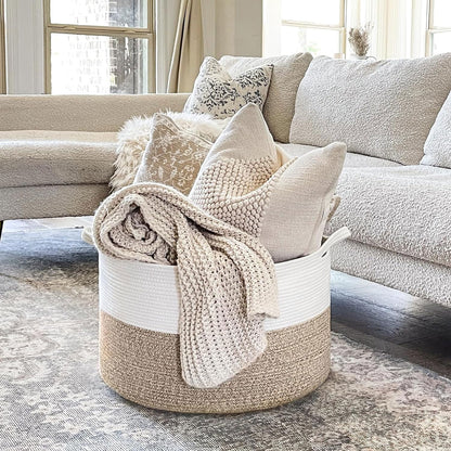 Cos de Rufe, Depozitare Haine, Jucarii, Obiecte, Spatiu pentru Animalele de Companie, Design Stilizat cu Mânere, Marime XXXL, 90 L, 55 x 35 cm, Culoare Alb, Maro Deschis