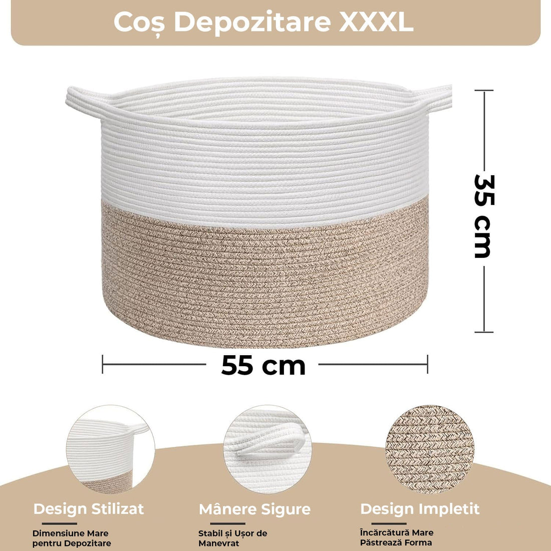 Cos de Rufe, Depozitare Haine, Jucarii, Obiecte, Spatiu pentru Animalele de Companie, Design Stilizat cu Mânere, Marime XXXL, 90 L, 55 x 35 cm, Culoare Alb, Maro Deschis