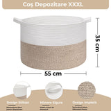 Cos de Rufe, Depozitare Haine, Jucarii, Obiecte, Spatiu pentru Animalele de Companie, Design Stilizat cu Mânere, Marime XXXL, 90 L, 55 x 35 cm, Culoare Alb, Maro Deschis