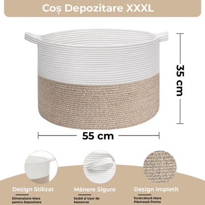 Cos de Rufe, Depozitare Haine, Jucarii, Obiecte, Spatiu pentru Animalele de Companie, Design Stilizat cu Mânere, Marime XXXL, 90 L, 55 x 35 cm, Culoare Alb, Maro Deschis