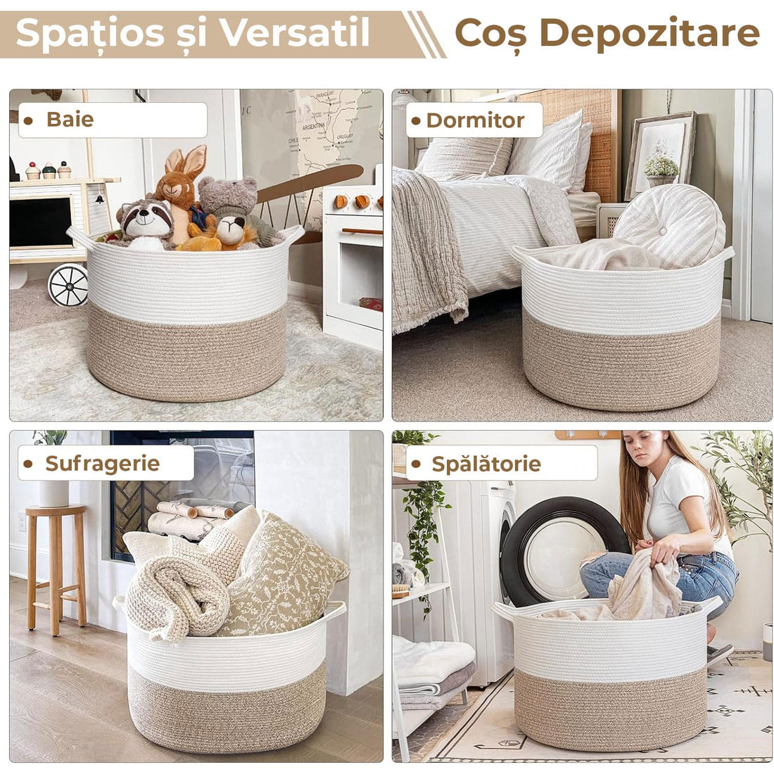 Cos de Rufe, Depozitare Haine, Jucarii, Obiecte, Spatiu pentru Animalele de Companie, Design Stilizat cu Mânere, Marime XXXL, 90 L, 55 x 35 cm, Culoare Alb, Maro Deschis