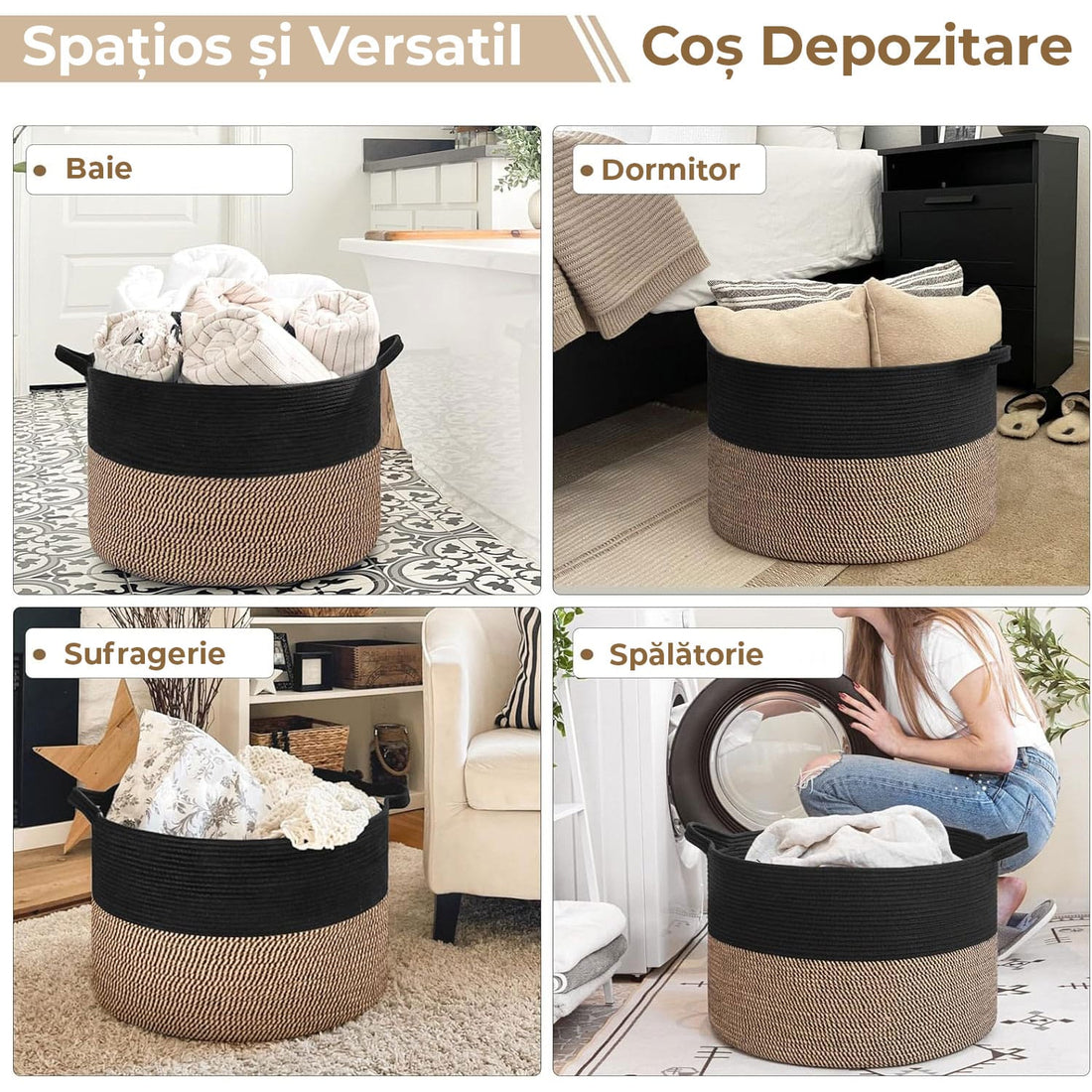 Cos pentru Rufe, Depozitare Haine, Jucarii, Obiecte, Spatiu pentru Animalele de Companie, Design Stilizat cu Mânere, Marime XXXL, 90 L, 55 x 35 cm, Culoare Negru, Mix Camel