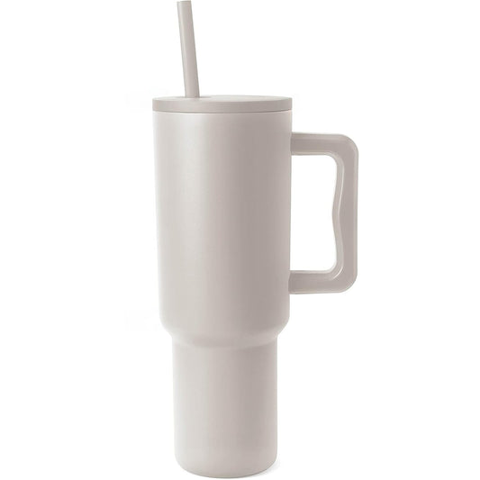 Cana termos cu mâner și capac cu pai, 1200 ml, perete dublu, termorezistentă, din oțel inoxidabil, rezistentă la scurgeri, mâner ergonomic, compatibil suport auto, Bej