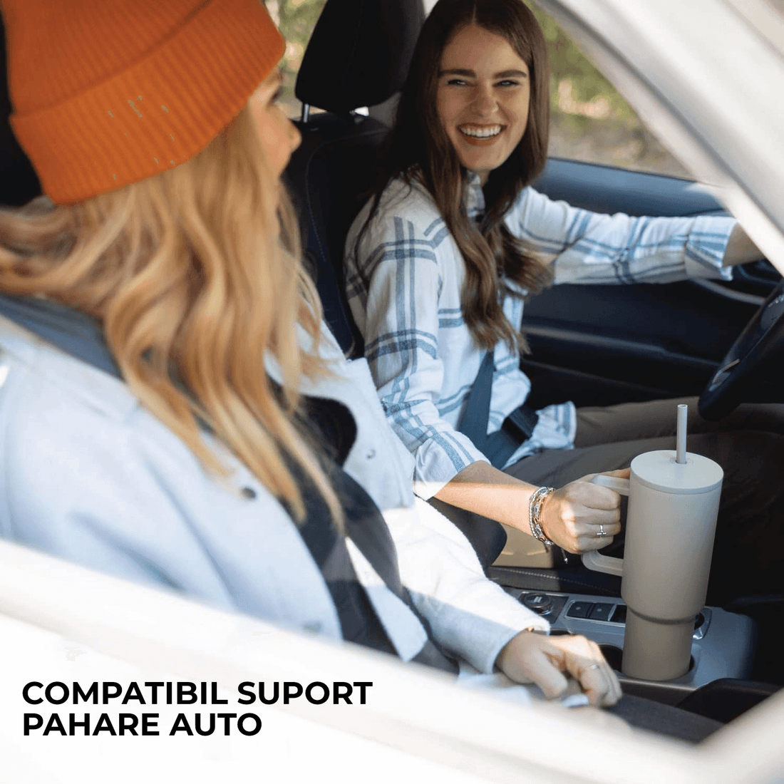 Cana termos cu mâner și capac cu pai, 1200 ml, perete dublu, termorezistentă, din oțel inoxidabil, rezistentă la scurgeri, mâner ergonomic, compatibil suport auto, Bej