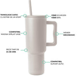 Cana termos cu mâner și capac cu pai, 1200 ml, perete dublu, termorezistentă, din oțel inoxidabil, rezistentă la scurgeri, mâner ergonomic, compatibil suport auto, Bej