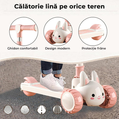 Trotineta pentru copii cu șezut, transformabilă 2 în 1, roți luminoase LED, 3-12 ani, până la 100 kg, ghidon cu înclinare, suprafață antiderapantă, Roz