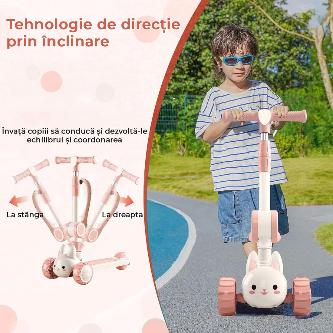 Trotineta pentru copii cu șezut, transformabilă 2 în 1, roți luminoase LED, 3-12 ani, până la 100 kg, ghidon cu înclinare, suprafață antiderapantă, Roz