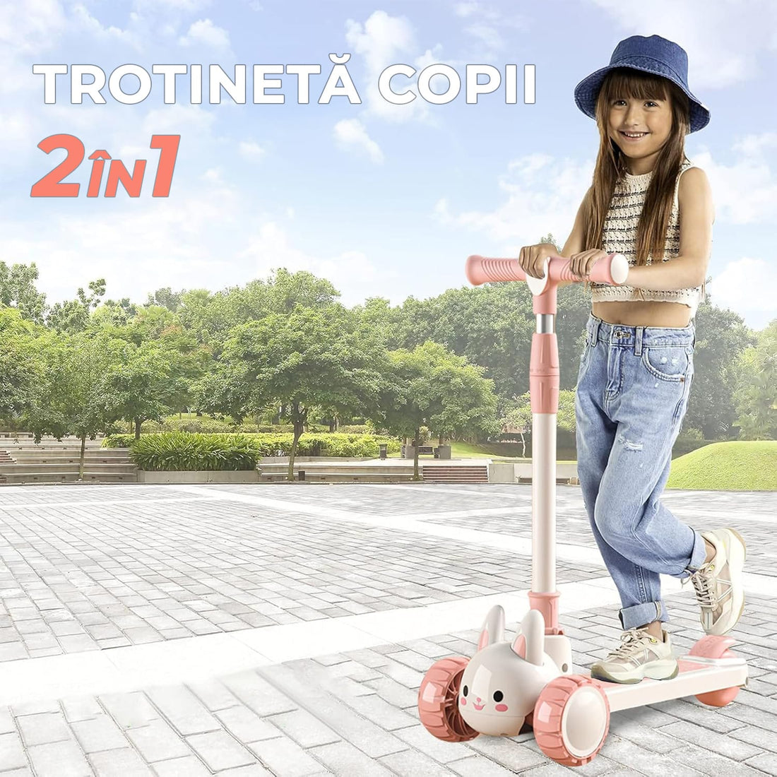 Trotineta pentru copii cu șezut, transformabilă 2 în 1, roți luminoase LED, 3-12 ani, până la 100 kg, ghidon cu înclinare, suprafață antiderapantă, Roz